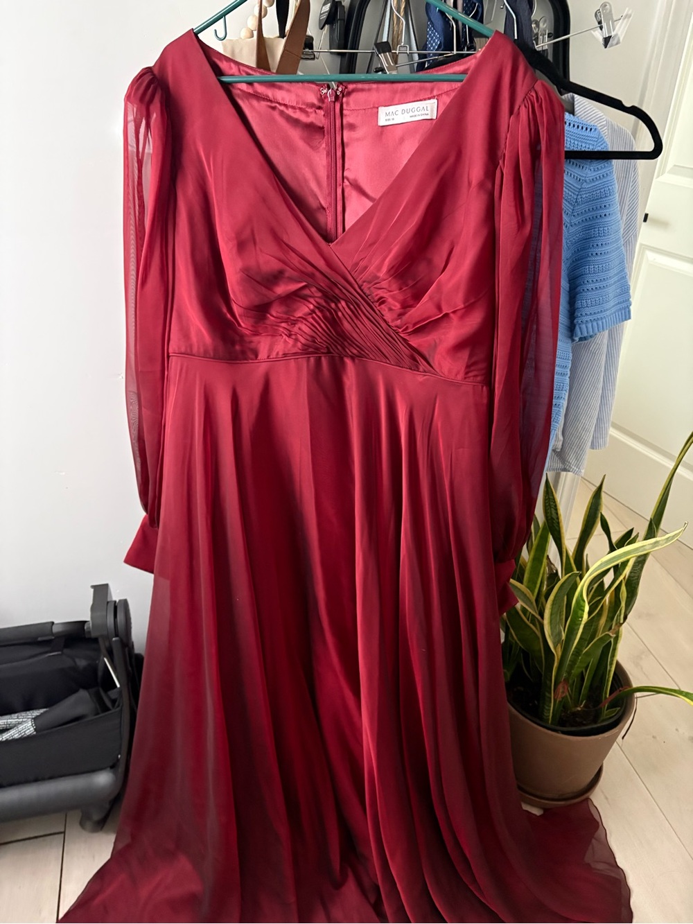 Mac Duggal Wine Red Long Sleeve V-Neck Evening Gown